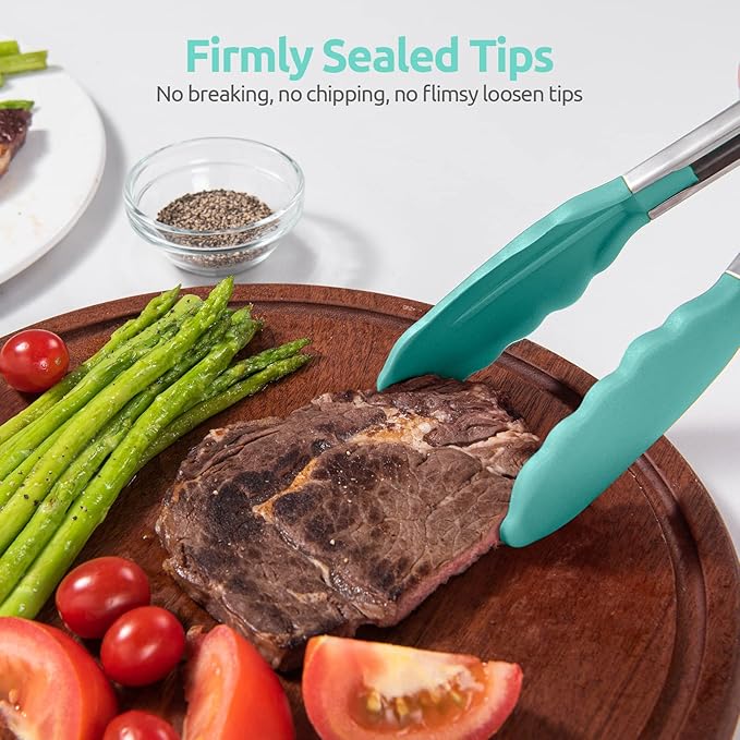 600쨘F Heat Resistant Kitchen Tongs: U-Taste 9 inch Silicone Cooking Tong with Firm Sealed Non Stick Rubber Tips & Silicon Coated 18/8 Stainless Steel Handle & Smooth Locking for Serving Salad-Aqua Sky