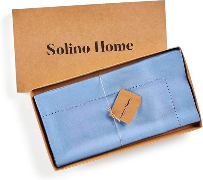 Solino Home Linen Cornflower Blue Tablecloth 52 x 52 Inch - 100% Pure Linen Square Table Throw - Classic Hemstitch, Machine Washable Table Cloth for Spring, Easter