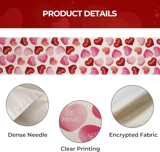 Valentines Day Table Runner 13x60 Inch, Be Mine Kiss XOXO Love Hearts Valentine Table Runner, Anniversary Home Kitchen Dining Table Holiday Party Decorations