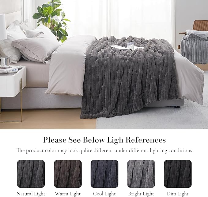 Am챕lie Home Faux Fur Throw Blanket for Couch, Cozy Fuzzy Fluffy Fur Luxurious Soft Striped Plush Gift Blankets for Family Sofa Chair Bedroom, 60"x80", Charcoal Grey