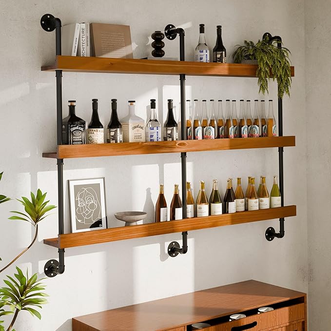 Industrial Wine Rack Wall Mounted, Solid Wood Shelf with Metal Pipe Brackets, 3-Tier Rustic Hanging Organizer for Wine Bottle Storage in Kitchen, Bar, Pub, Cellar(Walnut Brown, 60 Inch)