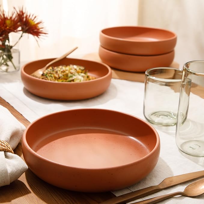 Bloomhouse - Two Time Oprah's Favorite Things Winner - Corsica Clay 4-Piece Dinner and Pasta Bowl Set ??Burnt Apricot Terracotta Stoneware for Meals, Serving & Everyday Use