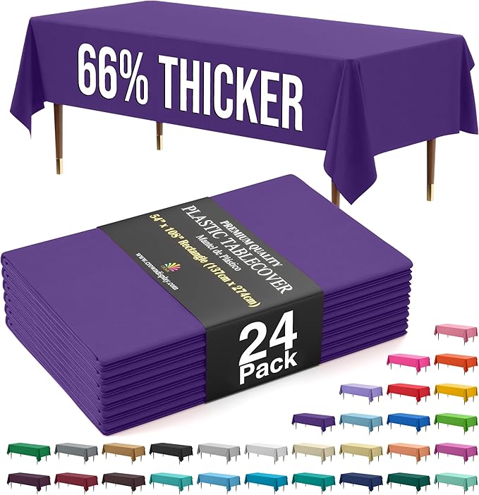 Exquisite 66% Thicker Premium Plastic Table Cloth Rectangle Table Cover 0.5 Mil 24 Pack Purple Table Cloth 54 Inch x 108 Inch Disposable Tablecloth Won't Tear Easily Like Cheap Thin Brands