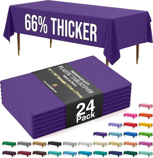 Exquisite 66% Thicker Premium Plastic Table Cloth Rectangle Table Cover 0.5 Mil 24 Pack Purple Table Cloth 54 Inch x 108 Inch Disposable Tablecloth Won't Tear Easily Like Cheap Thin Brands