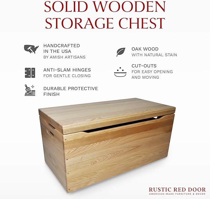 Hope Woodworking Amish Made Wooden Storage Chest Trunk Box with Lid and Handles for Bedroolanket, Clothes, Anti-Slam Hinges, Handmade, Rustic, Oak Wood, Natural Stain, 36"