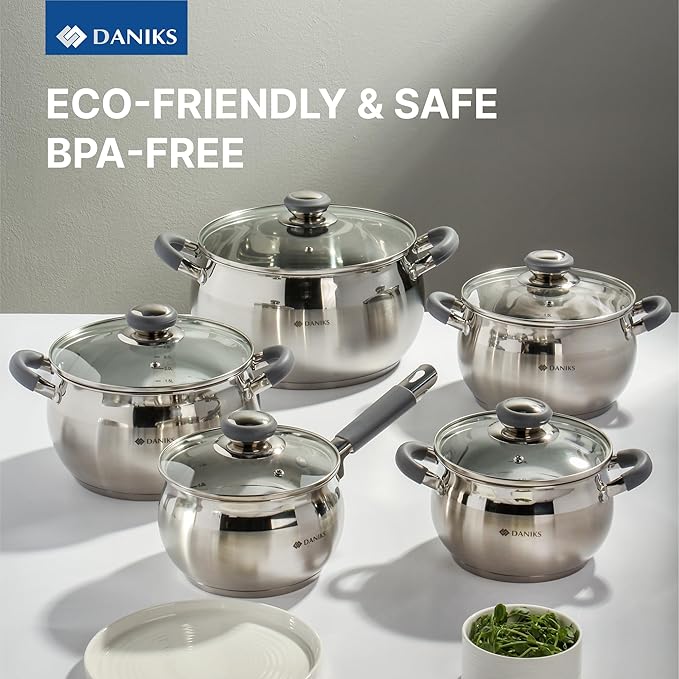 Daniks Modern 7 Quart Stainless Steel Stock Pot with Glass Lid, Tri-Ply Bottom for Even Heating, Induction Compatible, Dishwasher Safe, Heatproof Handles