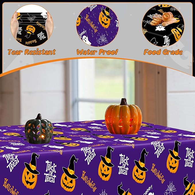 QZYL 2 Pack Halloween Table Cloths, 54 in x 108 in Pumpkin Party Decorations, Purple Black Tablecloth Disposable Plastic Table Cloth Tablecover, Halloween Party Decor Dinnerware Home
