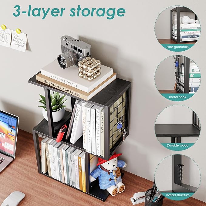 Bookshelf Desk Organizer竊?-Tier Shelf for Top of Desk Workspace Organizers for Office Accessories, Black