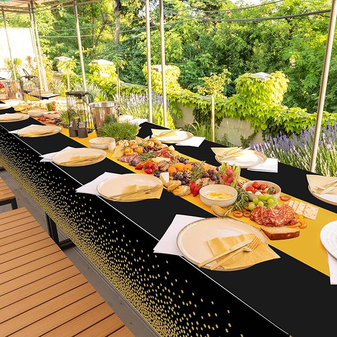 3Pcs Black and Gold Tablecloth Party Decorations,Plastic Black Table Cloth Printed Gold Table Runner Disposable Rectangle Tables Cover for Birthday Retirement Anniversary Graduation Party,54 x108 Inch
