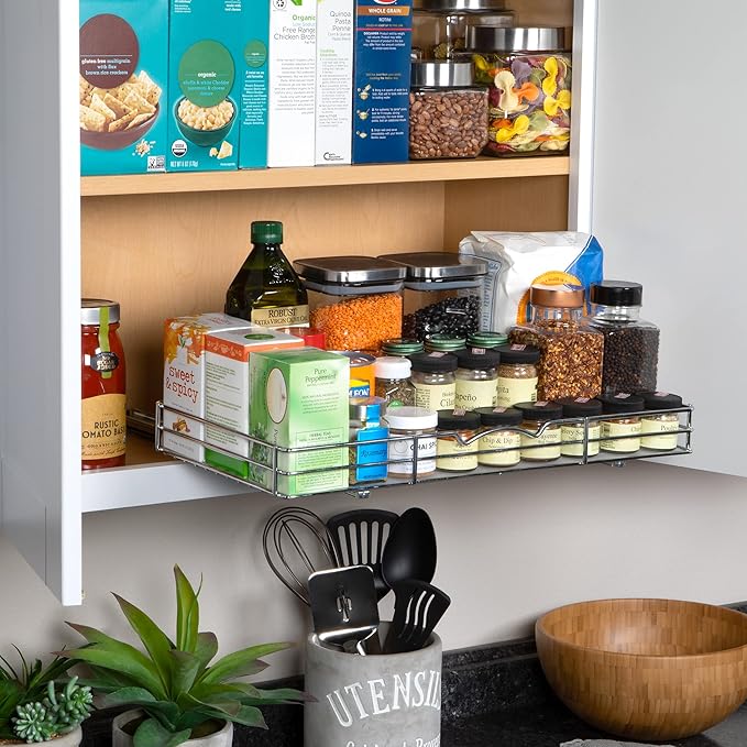 Pull Out Cabinet Organizer for Spices, Cans - Heavy Duty with Lifetime Limited Warranty- Pull Out Spice Rack- Cabinet Pull Out Shelf for Cans,Dishes, Etc, 20-3/8"Wx 10-1/2"D x 2-3/4??H, Chrome