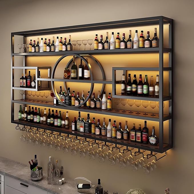 Wall Mounted Wine Rack, Modern Industrial Hanging liquor Bottles Shelves With Wine Glass Holder, Metal Floating Wine Storage Display Shelf, for Bar, Kitchen, Wine Cellar (Gold, 280cm/110.2in)