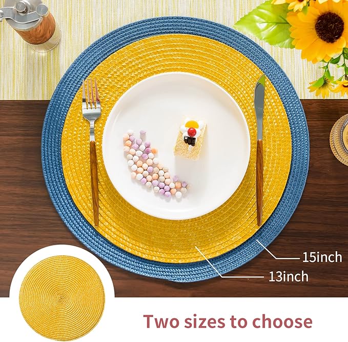FunWheat Round Braided Placemats Set of 4 Place Mats for Dining Tables Woven Washable Non-Slip Table mats Small 13 inch(S Yellow, 4pcs)