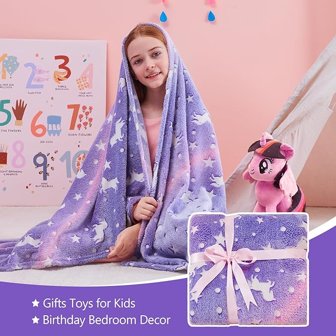 QSTEHEML Unicorns Glow in The Dark Blanket for Girls,Unicorn Gifts for Girls Age 3 4 5 6 7 8 9 10 11 12 Year Old, Soft Unicorns Purple Blanket - Christmas Birthday Bedroom Decor 50"횞60"