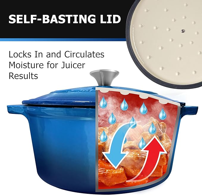 MUELLER HOME 7.5 QT Enameled Cast Iron Dutch Oven, Heavy-Duty Casserole Dish and Braiser Pan with Lid and Stainless Knob, Oven-Safe up to 500째 F & Across All Cooktops, Aqua Blue