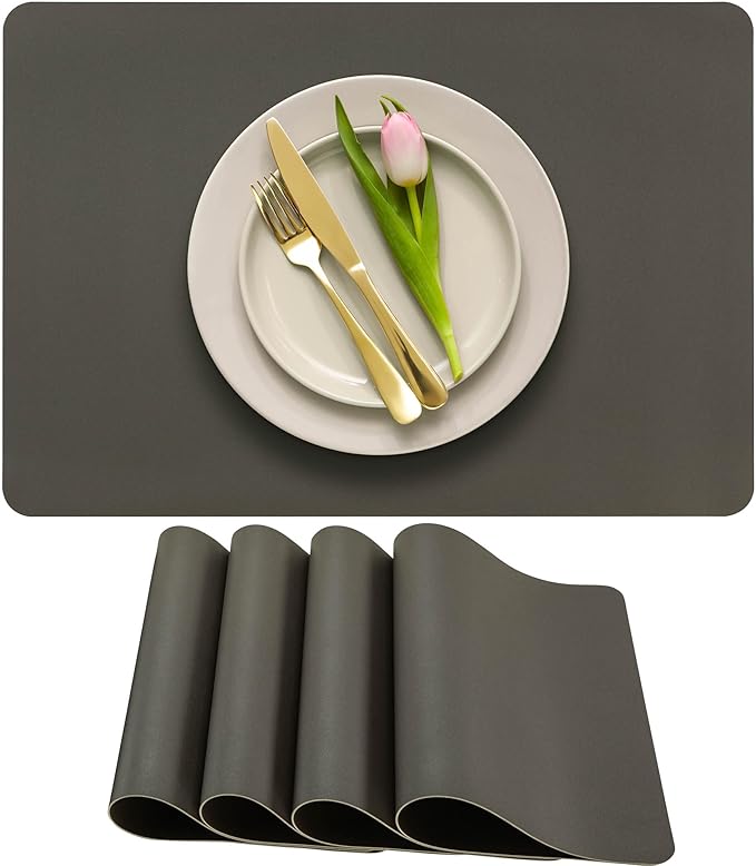 More D챕cor Faux Leather Placemats Set of 4 for Dining Table ??Waterproof, Wipeable, Washable, Stain & Heat Resistant, Non-Slip Table Mats ??12 X 17 Inch, (Solid Dark Grey, 4)