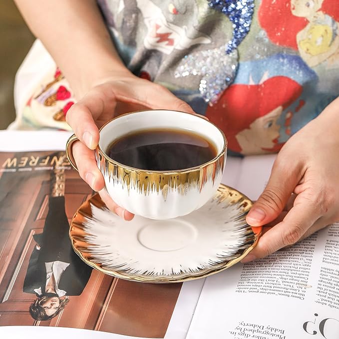 LETAOTAO Cappuccino Cups with Saucers, 7 oz Porcelain Double Espresso Cups Set, Ceramic Turkish Coffee Cups with Gold Trim, Tea Cups Set of 6, Cafe Cups for Latte, Mocha, Au Lait, White
