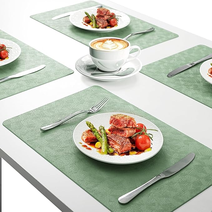 Uolr Vinyl Placemats Set of 12 Faux Leather 100% Waterproof Wipeable Washable Place Mats Heat Resistant Easy Clean Non-Slip Table Mats for Indoor Outdoor. (12, Green)