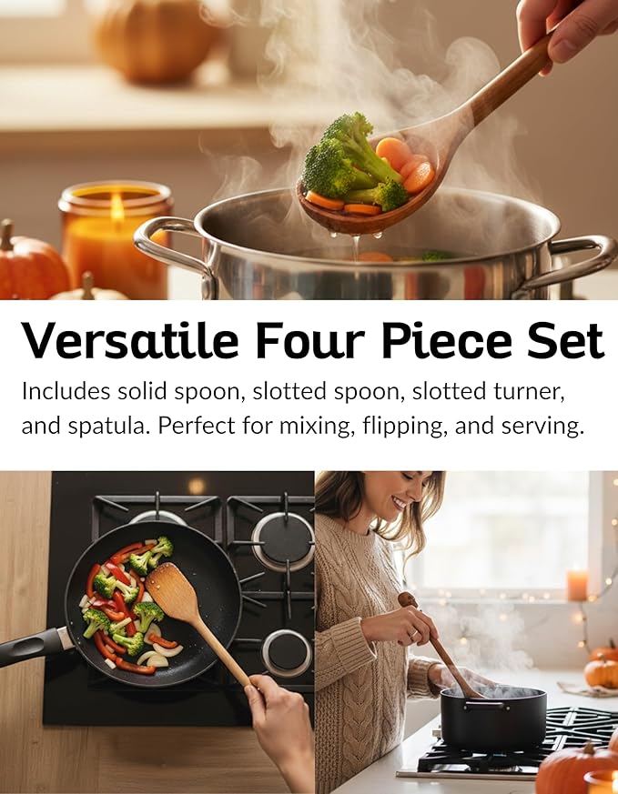 Acacia Wood Cooking Utensil Set with Skull Handles ??4-Piece FSC Certified Acacia Wood Kitchen Tools, Eco-Friendly Nonstick Safe Cooking Utensils (Spatula, Spoon, Slotted Turner, Slotted Spoon)