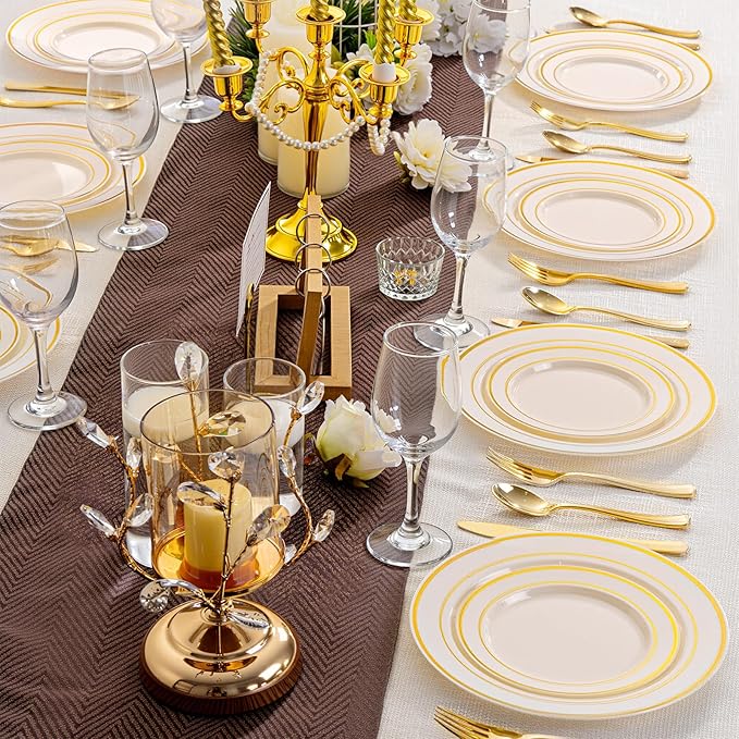 I00000 200 Pcs Gold and Ivory Plastic Plates, Ivory Disposable Party Plates Include 100 Dinner Plate 10?쇺?and 100 Plastic Dessert Plate 7?쇺?Perfect for Birthday, Party & Wedding