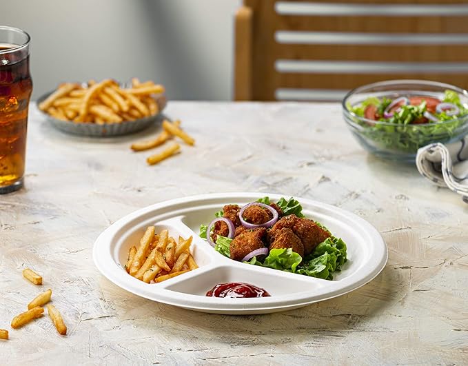 GUSTO [10 Inch 3 Compartment Compostable Paper Plates - 125 Pack White Heavy-Duty Divided Disposable Biodegradable Plates (Formerly Comfy Package)