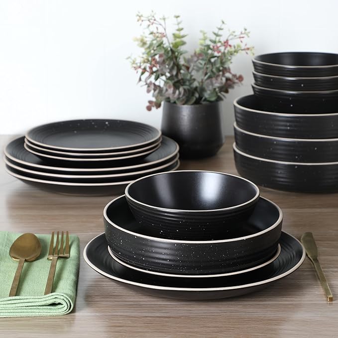 Gibson Home Dinah 16-Piece Matte Black Stoneware Dinnerware Set ??Double Bowl, Embossed Speckled Design, Durable Kitchen Dinner Set