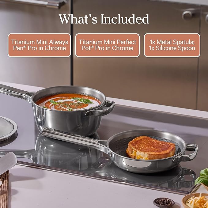 Our Place Titanium Pro Mini Cookware Duo ??Always Pan & Perfect Pot with Nonstick No-Coating Technology | Tri-Ply Titanium & Stainless Steel | Safe for Oven, Induction & Cooktops up to 1000째F | Chrome