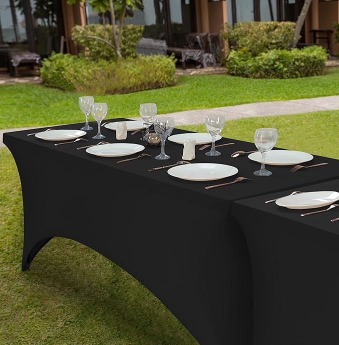 Utopia Kitchen 8FT Spandex Tablecloth [10 Pack, Black] 200 GSM Stretch, Fitted, Washable and Wrinkle Resistant Table Cloth Rectangle Cover for Trade Shows, Wedding, Parties [96Lx30Wx30H Inch]