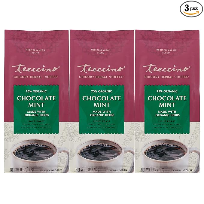Teeccino Chocolate Mint Chicory Coffee Alternative - Ground Herbal Coffee That?™s Prebiotic, Caffeine Free & Acid Free, Light Roast, 11 Ounce (Pack of 3)