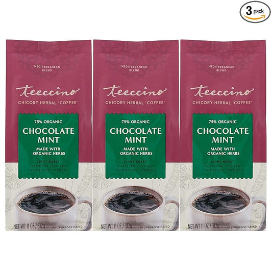 Teeccino Chocolate Mint Chicory Coffee Alternative - Ground Herbal Coffee That?™s Prebiotic, Caffeine Free & Acid Free, Light Roast, 11 Ounce (Pack of 3)