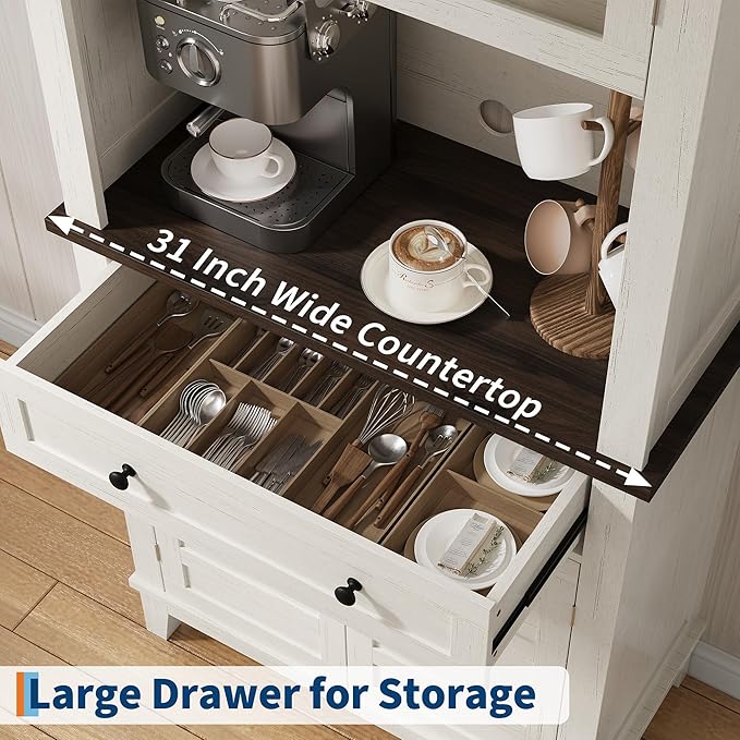 Elegant White Modern Wood Pantry Coffee Cabinet with Ample Storage, Spacious 72" Tall Kitchen Bar Cabinet Hutch Featuring 4 Stylish Glass Doors & 1 Smooth Drawer, Versatile Stand-Alone Food Pantry