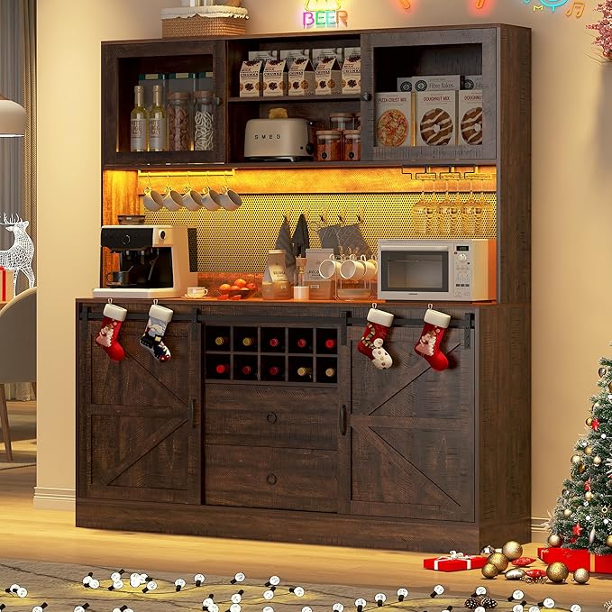 74" Tall 63" Wide Large Coffee Bar Cabinet w/ Outlet,6000-color LED Light,Pegboard,Farmhouse Hutch Cabinet w/Barn Door,2 Big Drawers,Adjustable Shelves,10 Wine & Glasses Rack,5 Hook for Kitchen,Brown