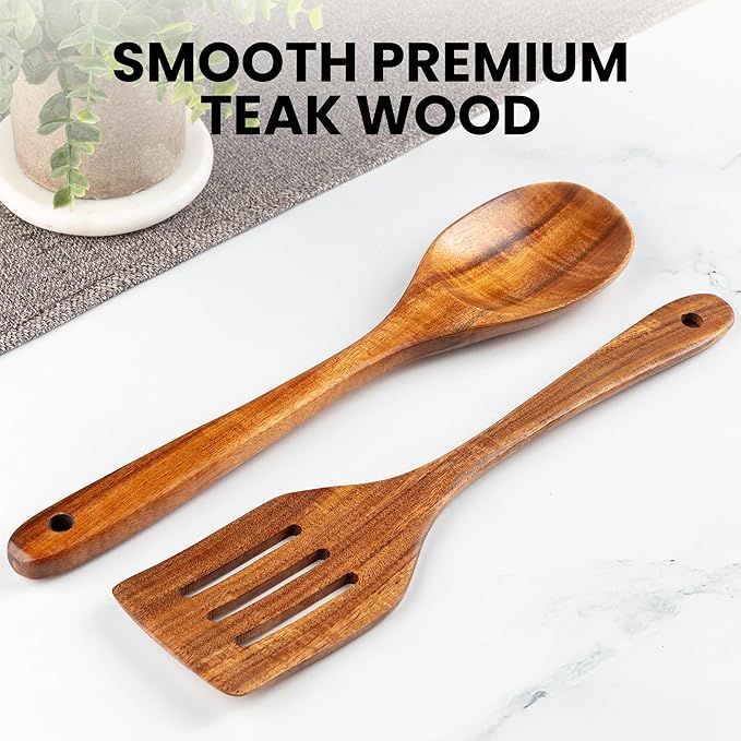 Zulay Kitchen Teak Wood Utensil Set ??2 Piece Large Wooden Cooking Spoon and Slotted Turner, Handcrafted Natural Teak Wood Kitchen Utensils, Durable, Nonstick Safe & Smooth Finish