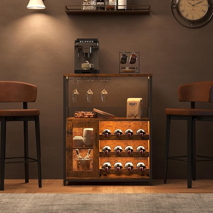 Vintage Industrial Wine Bar Cabinet with Adjustable Wine Racks and Glass Holders, Mesh Door Sideboard Storage Cabinet for Living Room, Kitchen, Dining Room, Compact Design, Easy Assembly,Retro Color