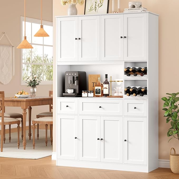 72" Tall Pantry Cabinet with Wine Rack, Kitchen Pantry Cabinet with Microwave Stand, Large Kitchen Hutch with Drawers, Food Pantry for Dining Room, White