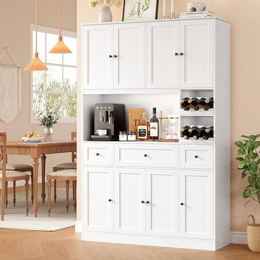 72" Tall Pantry Cabinet with Wine Rack, Kitchen Pantry Cabinet with Microwave Stand, Large Kitchen Hutch with Drawers, Food Pantry for Dining Room, White