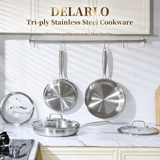DELARLO Tri-ply Stainless Steel Frying Pan Set with Lid 8" 10" Induction large Skillets Chef's Pan,Pots and Pans Set Kitchen Cookware Set Suitable for All Stove