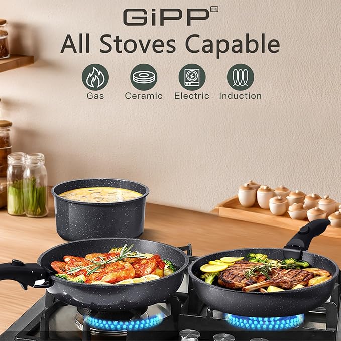 GiPP Ceramic Non Stick Pots and Pans Set,Nonstick Detachable Handle Cookware Sets,Healthy Non Toxic PFAS PFOA & PTFE Free, Dishwasher 竊냀ven Safe, Induction Kitchen Pot and Pan, 8 Piece Grey