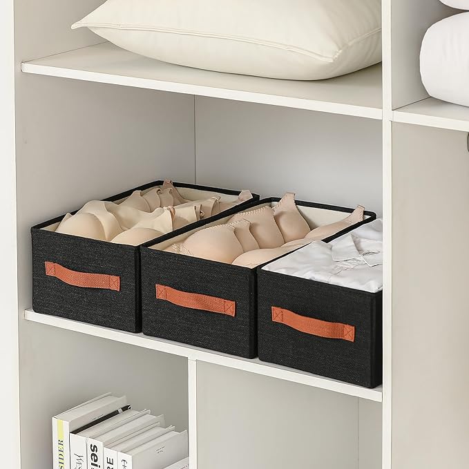 linen closet organizers and storage, 3 Pack Large Storage Baskets, Washable, Clothing Storage Bins with Handle, Closet Organizer for Storage Sweater,Sheets (Black, 16"x9쩍"x6쩐")