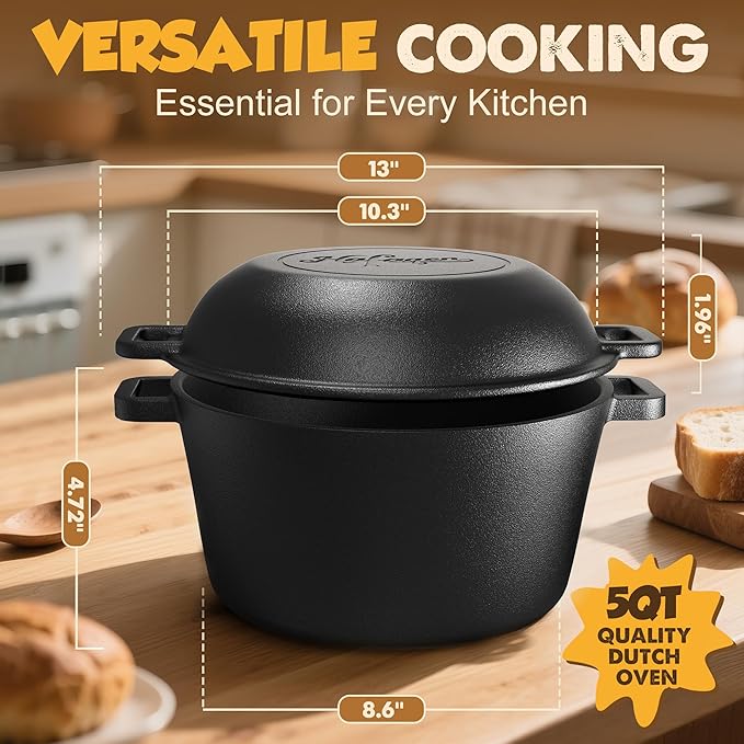 Cast Iron Dutch Ovens for Sourdough Bread Baking, 5 QT Pre-Seasoned Dutch Oven Pot with Lid, Bread Baking Supplies Set, Multi-Functional Braising Cast Iron pot for Baking, Sourdough Starter Kit (Upgraded 5QT)