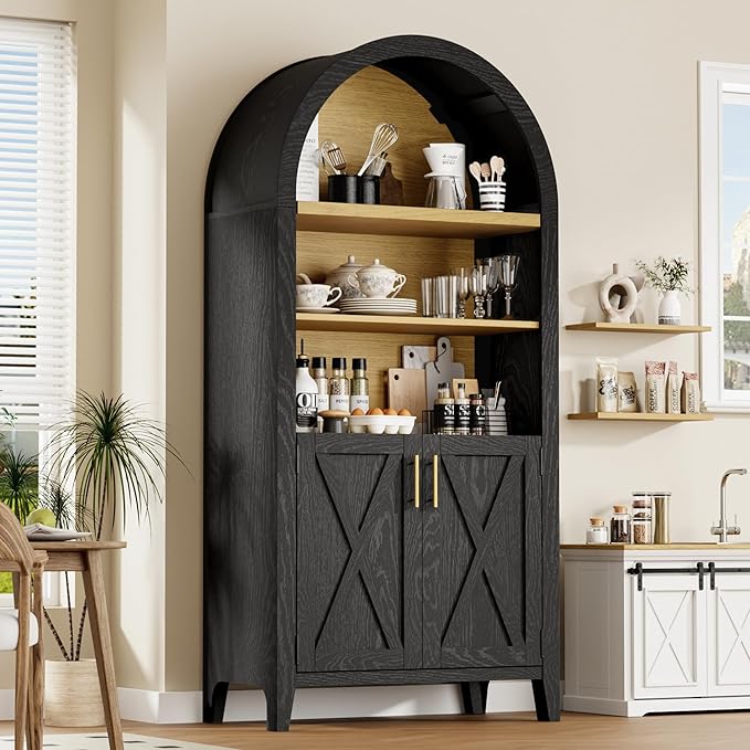 Arched Kitchen Pantry for, 63" Tall Wooden Entryway Storage Cabinet with 2 Doors & 5 Tier Adjustable Shelves, Versatile Farmhouse Hallway Organizer for Entryway, Bedroom, Dining Room