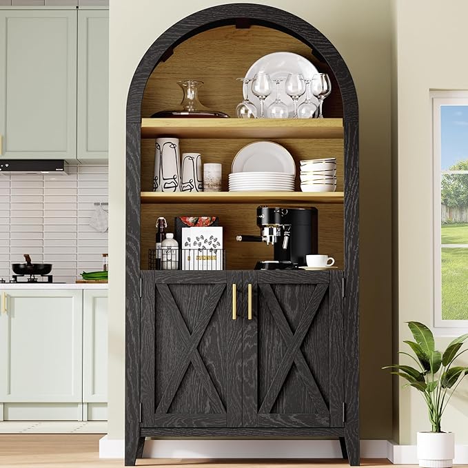 Arched Kitchen Pantry for, 63" Tall Wooden Entryway Storage Cabinet with 2 Doors & 5 Tier Adjustable Shelves, Versatile Farmhouse Hallway Organizer for Entryway, Bedroom, Dining Room