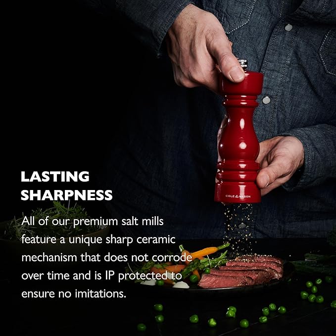 Cole & Mason London Refillable Spice Mill - Kitchen & Home Accessory - Table Black Pepper Grinder - Pepper Mill with Carbon Steel Mechanism - 7", Red Gloss