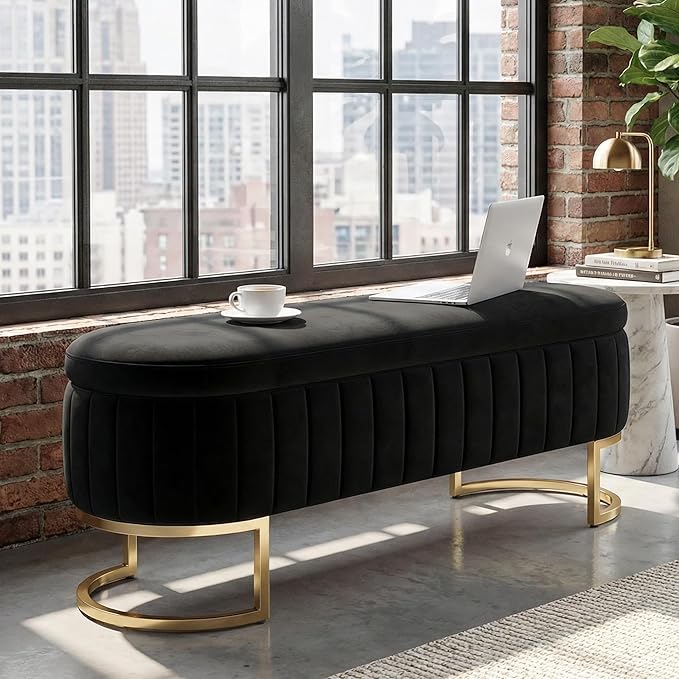 VIROL 65 Inch Storage Ottoman Bench Velvet End of Bed Storage Bench King Size Upholstered Tufted Bench Large Space for Bedroom Living Room Entryway Black