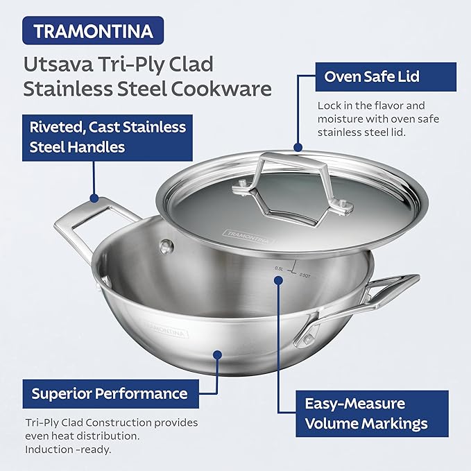 Tramontina Utsava 2.75-Quart Tri-Ply Clad Stainless Steel Kadai with Lid, Kadhai Pot for Indian Cooking