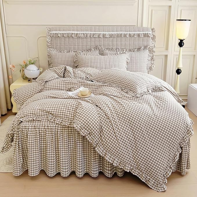 LifeTB Tan Gingham Comforter Set Full Vintage Ruffle Taupe Plaid Comforter Set 3 Pieces Soft Fluffy Grid Checkered Pattern Comforter with 2 Pillowcases Farmhouse Gingham Bedding Comforter Full