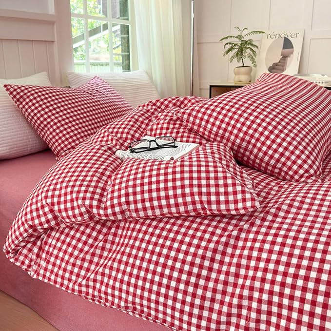 LifeTB Red Gingham Comforter Set Twin XL Modern Style Red Plaid Comforter Set 3 Pieces Soft Fluffy Grid Checkered Pattern Comforter with 2 Pillowcases Farmhouse Gingham Bedding Set Breathable