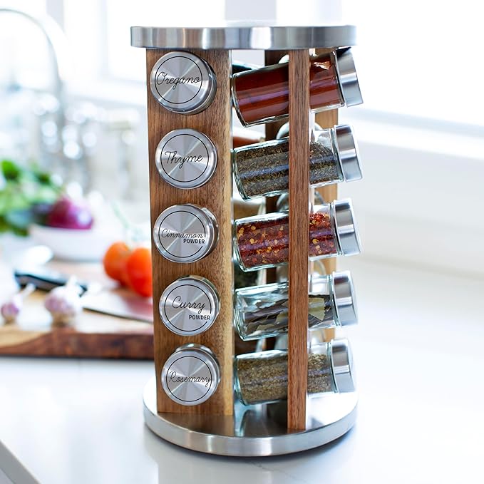 Orii 20 Jar Spice Rack with Spices Included - Tower Organizer for Kitchen Spices and Seasonings, (Natural Acacia Wood)