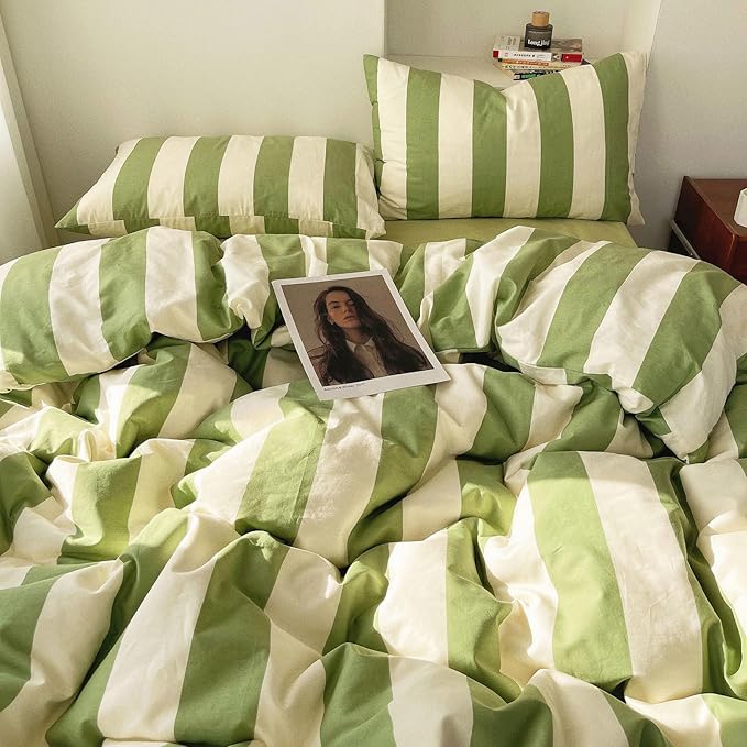 LifeTB Striped Comforter Set King Green White Stripes Pattern Printed Comforter Soft Fluffy Lightweight Bedding Set for All Seasons Reversible 3 Pieces Farmhouse Stripe Comforter with 2 Pillowcases