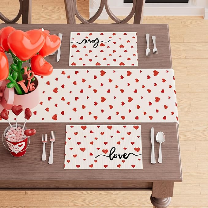 XCHI Red Little Love Hearts Valentine's Day Placemats Set of 4 Table Mats for Party Home Kitchen Dining Table Decorations 12x18 Inch