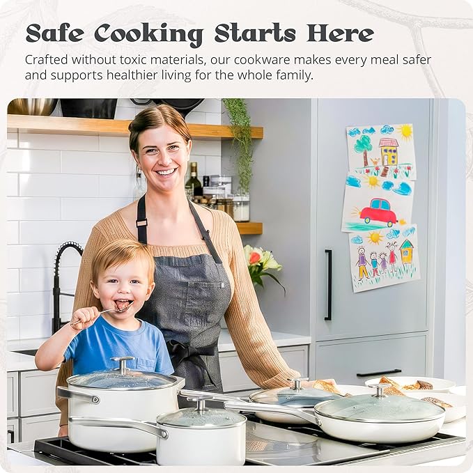 Premium Non-Toxic Ceramic Cookware Set ??Triple-Layer Nonstick 12 Piece Pots and Pans with Lids, PFAS-Free, Oven Safe for Healthy Meals, Space-Saving Design, Birch White Color | Greater Goods